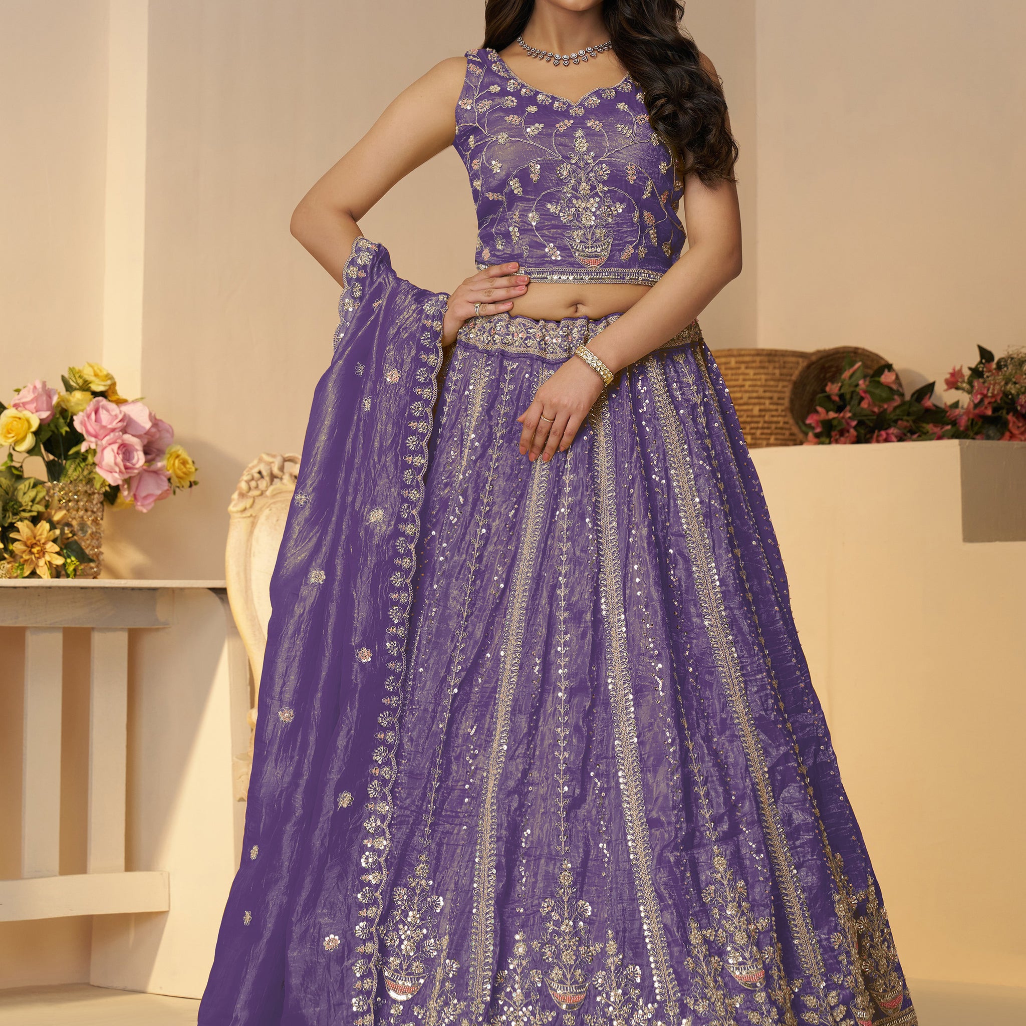 Enchanting Purple Zari Work Silk Engagement Wear Lehenga Choli
