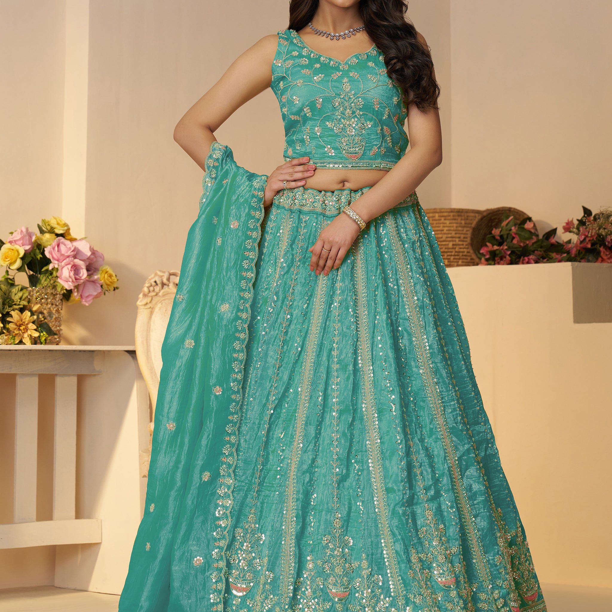 Fascinating Sky Blue Zari Work Silk Bridesmaid Lehenga Choli