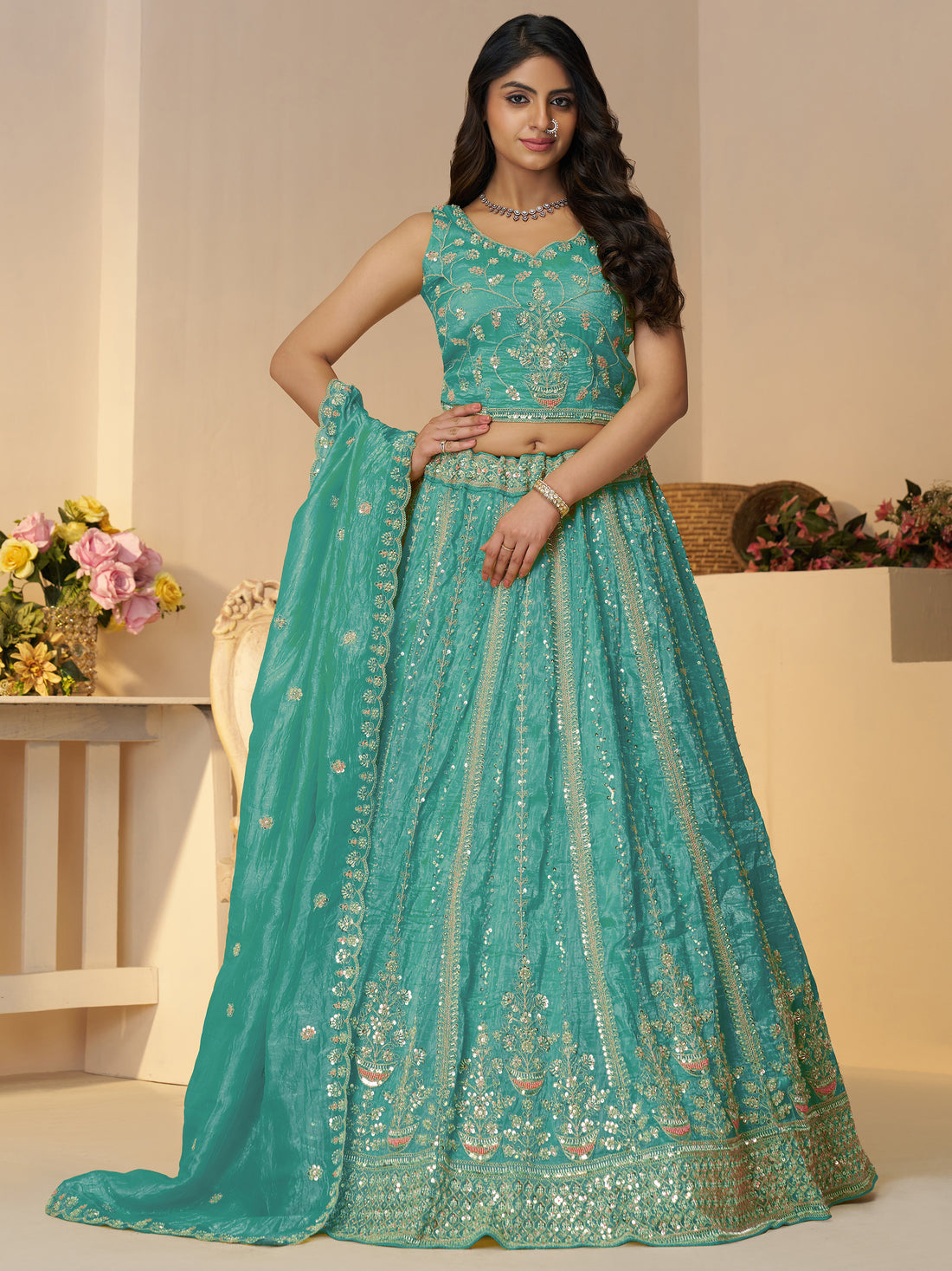 Fascinating Sky Blue Zari Work Silk Bridesmaid Lehenga Choli