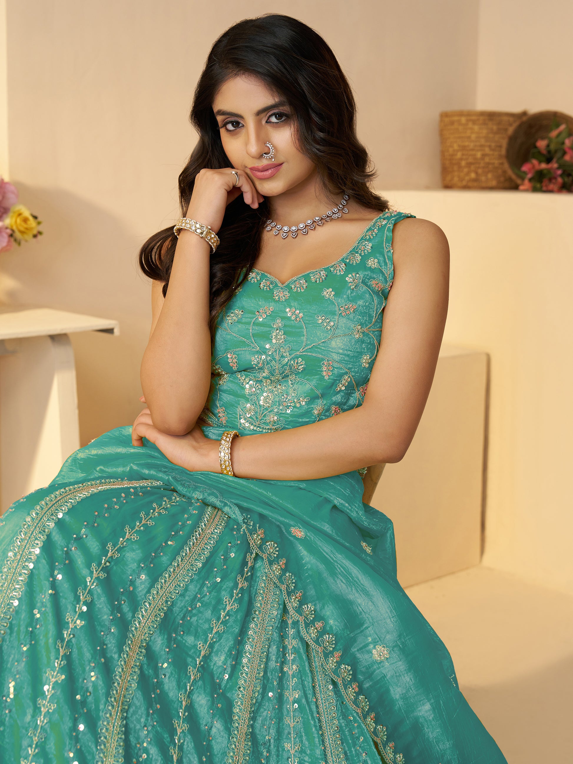 Fascinating Sky Blue Zari Work Silk Bridesmaid Lehenga Choli