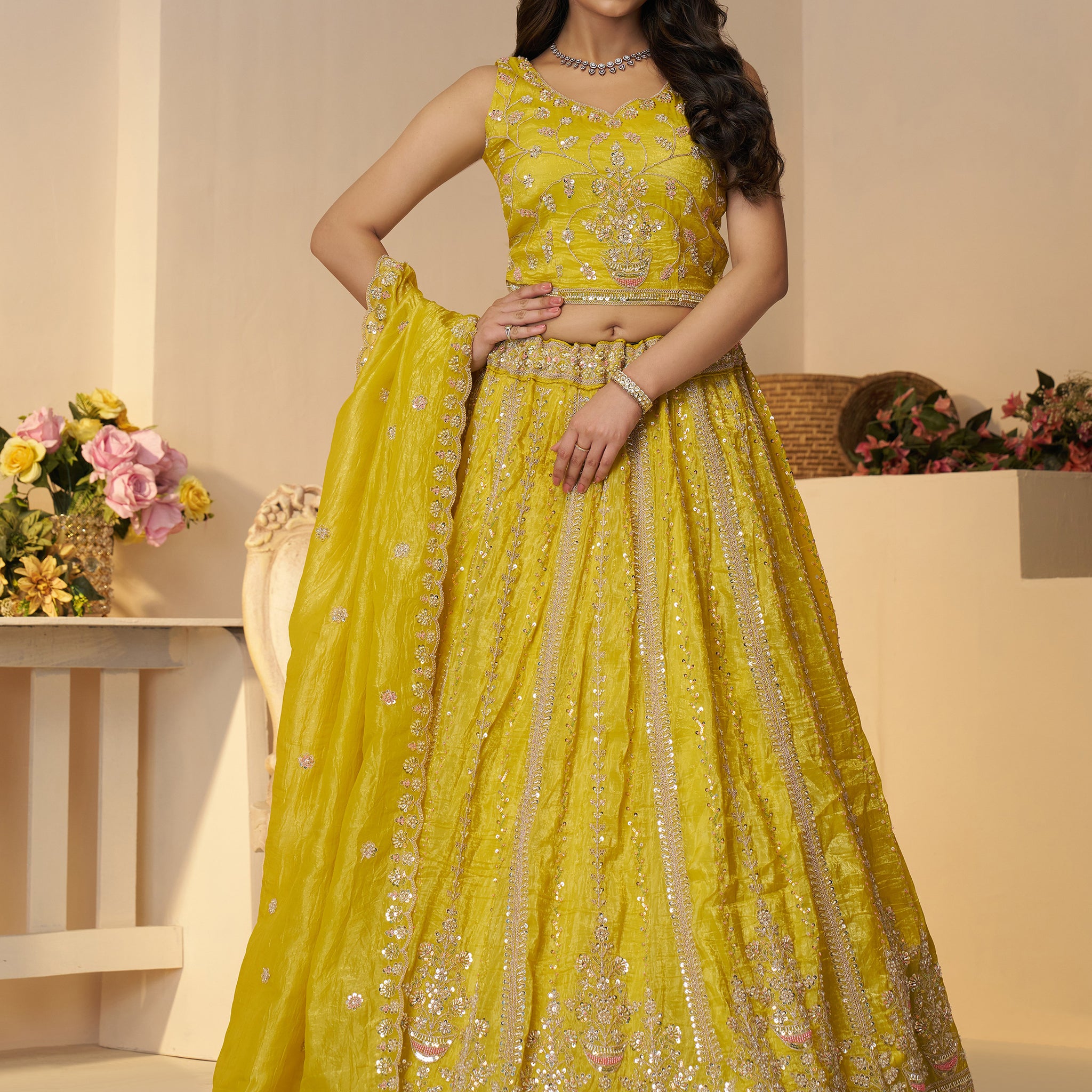 Tantalizing Yellow Sequins Silk Festival Wear Lehenga Choli With Dupatta