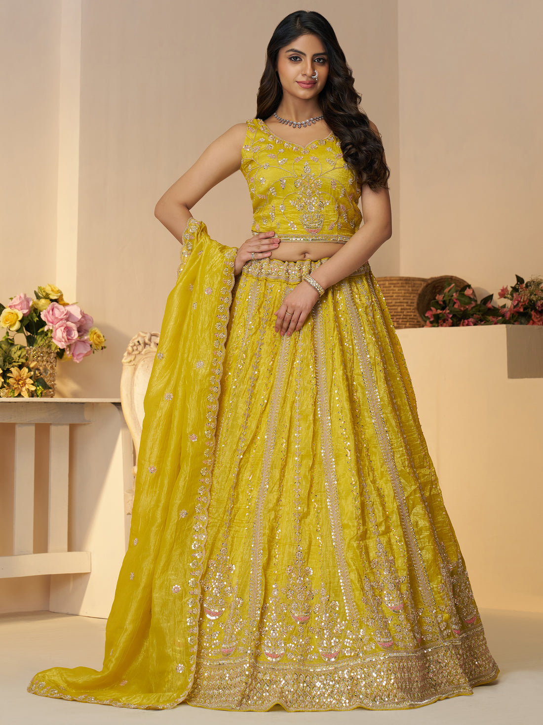 Tantalizing Yellow Sequins Silk Festival Wear Lehenga Choli With Dupatta
