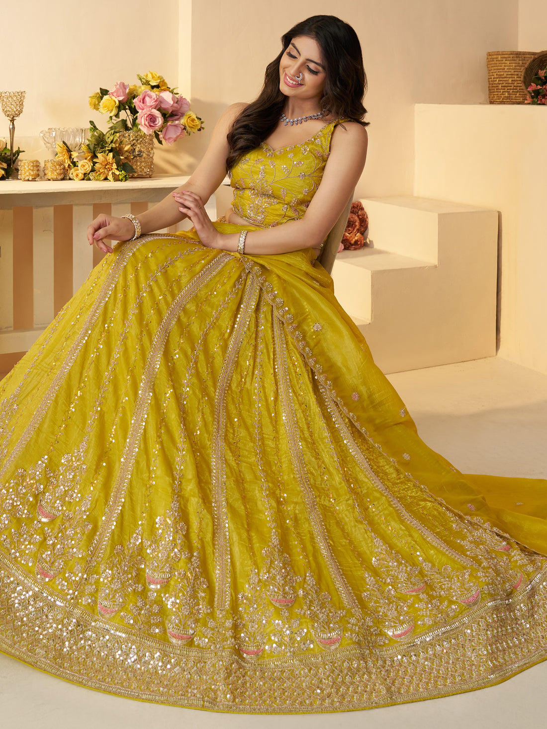 Tantalizing Yellow Sequins Silk Festival Wear Lehenga Choli With Dupatta