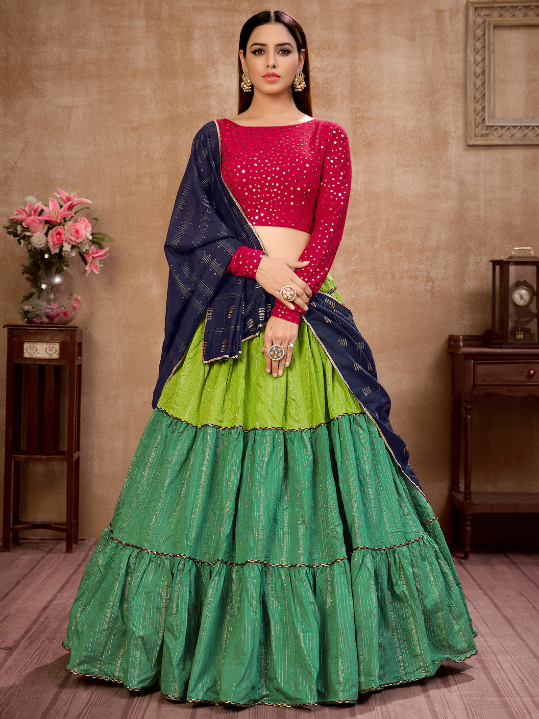Precious Green Zari Work Cotton Wedding Lehenga Choli With Dupatta