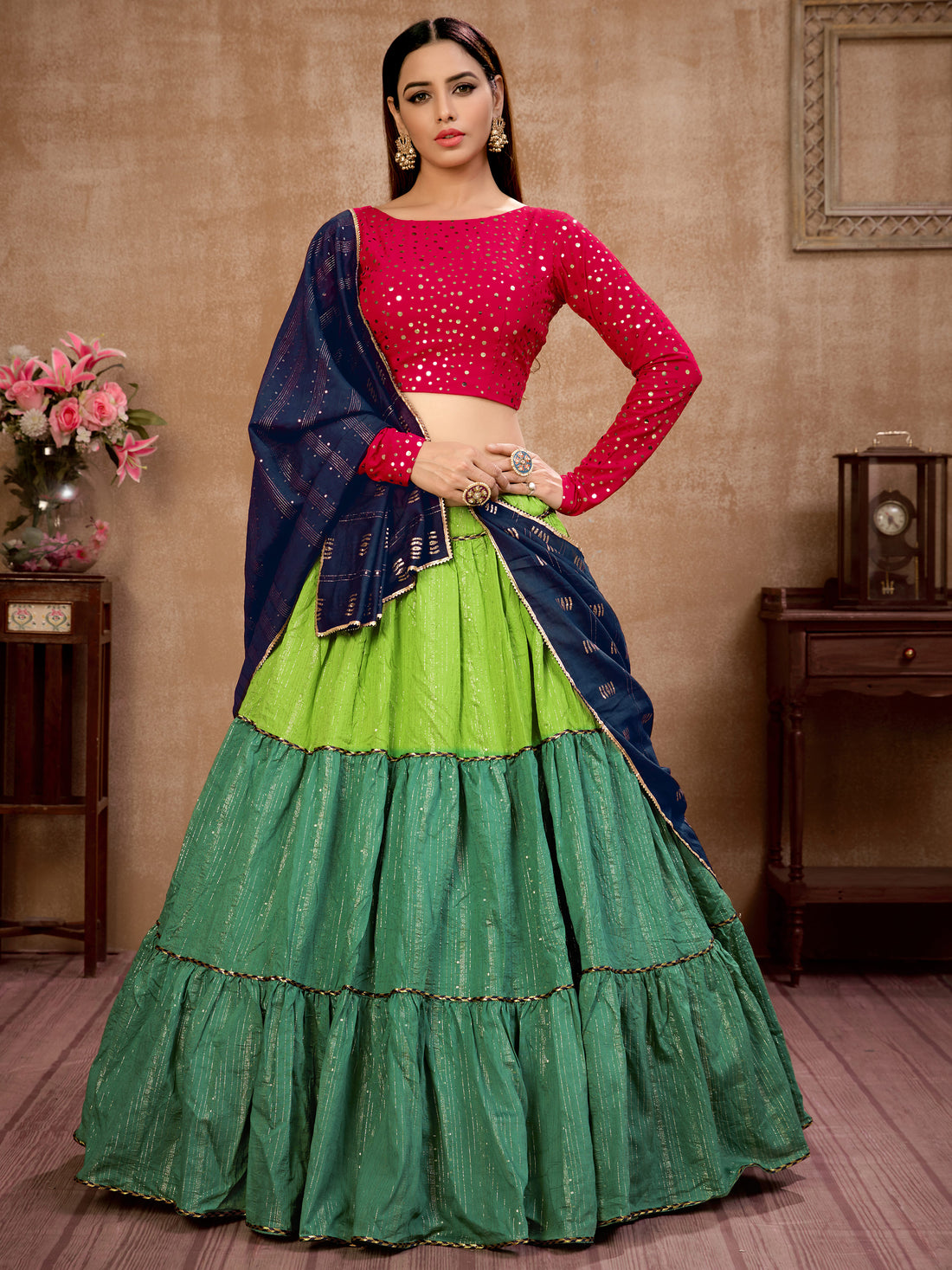 Precious Green Zari Work Cotton Wedding Lehenga Choli With Dupatta