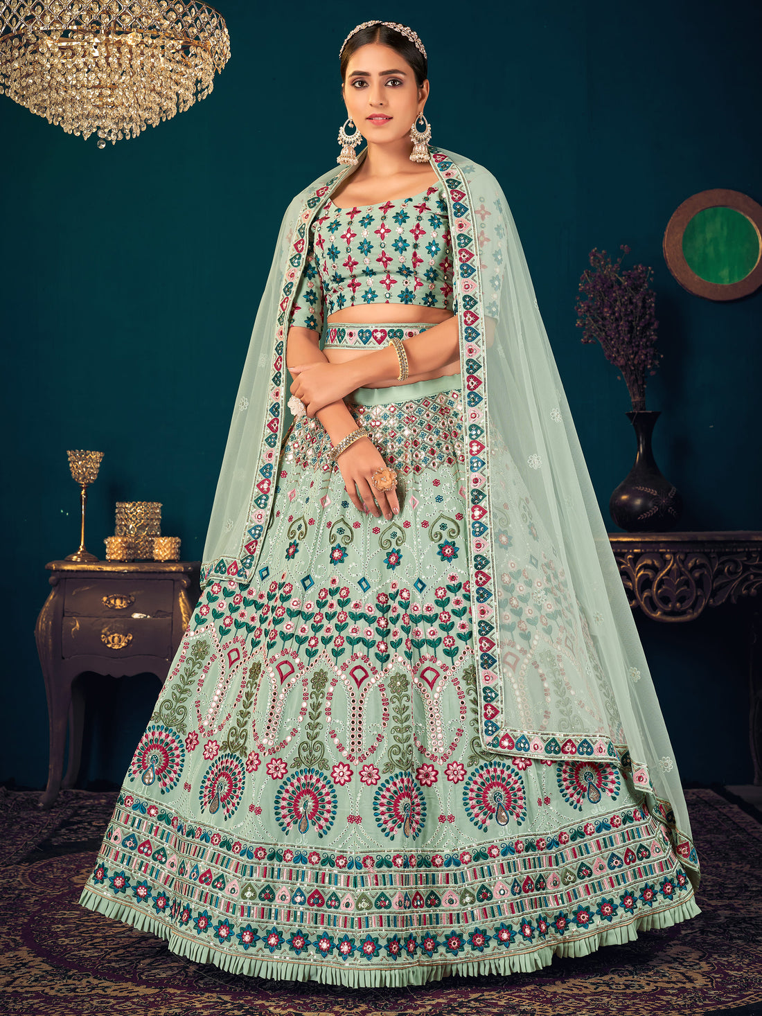 Attractive Pista Green Thread Embroidered Georgette Lehenga Choli