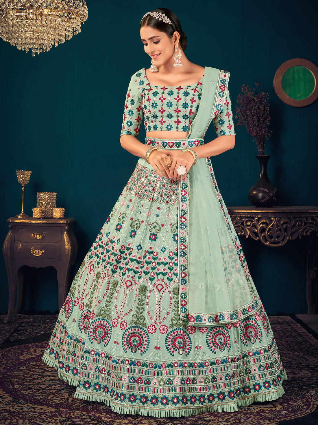 Attractive Pista Green Thread Embroidered Georgette Lehenga Choli