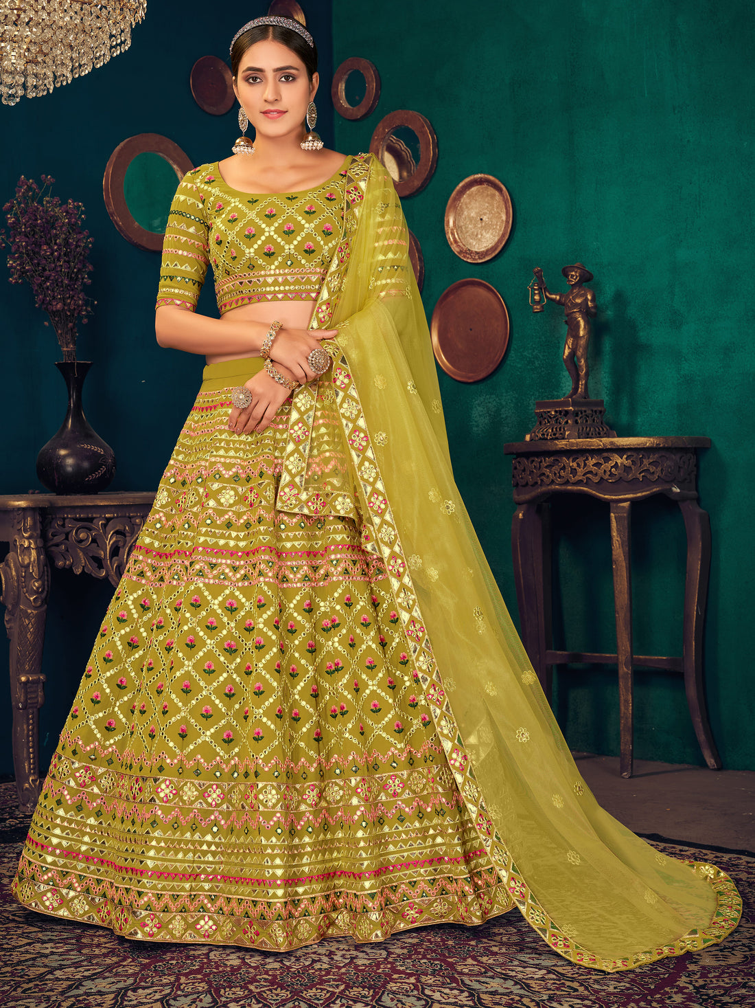Beautiful Lime Green Thread Work Georgette Lehenga Choli With Dupatta