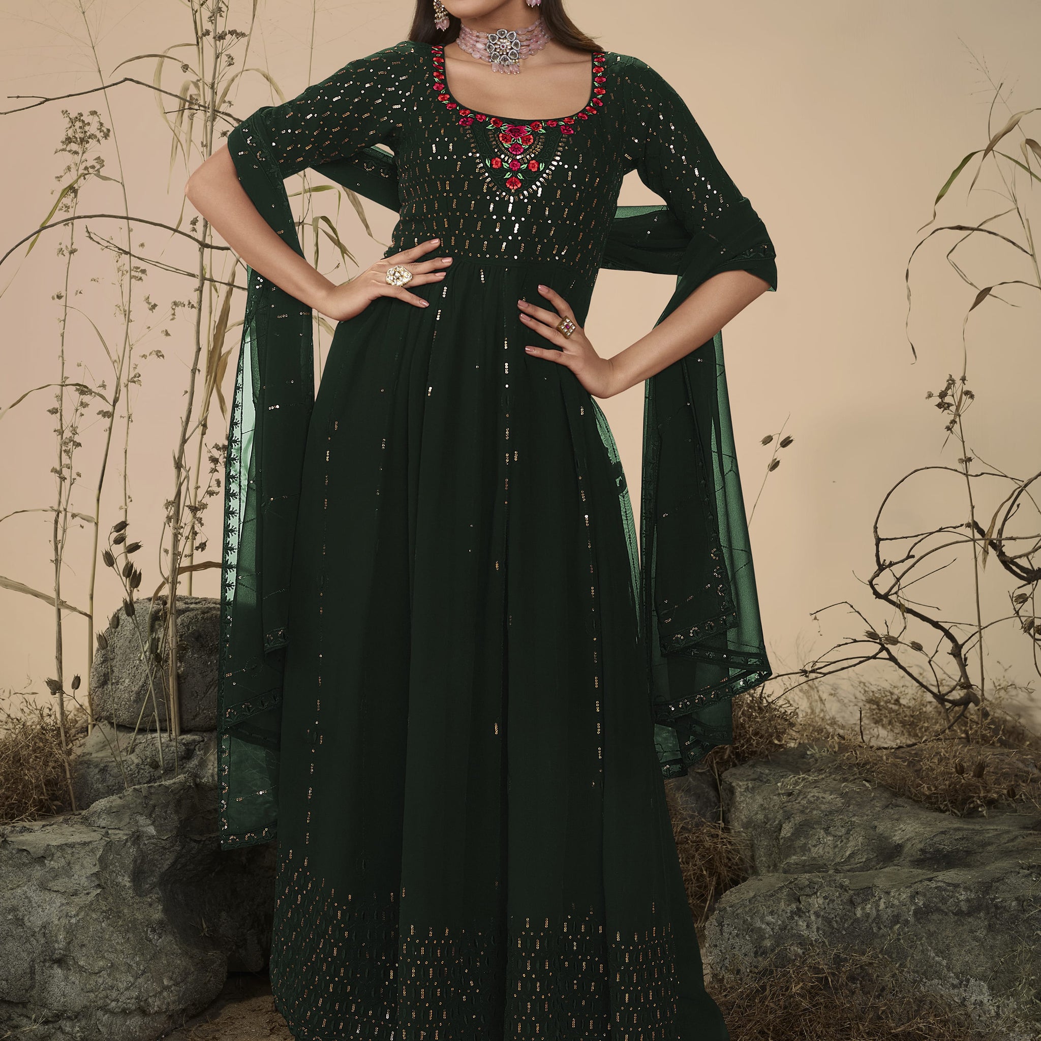 Beautiful Green Sequins Georgette Ready-Made Palazzo Suit