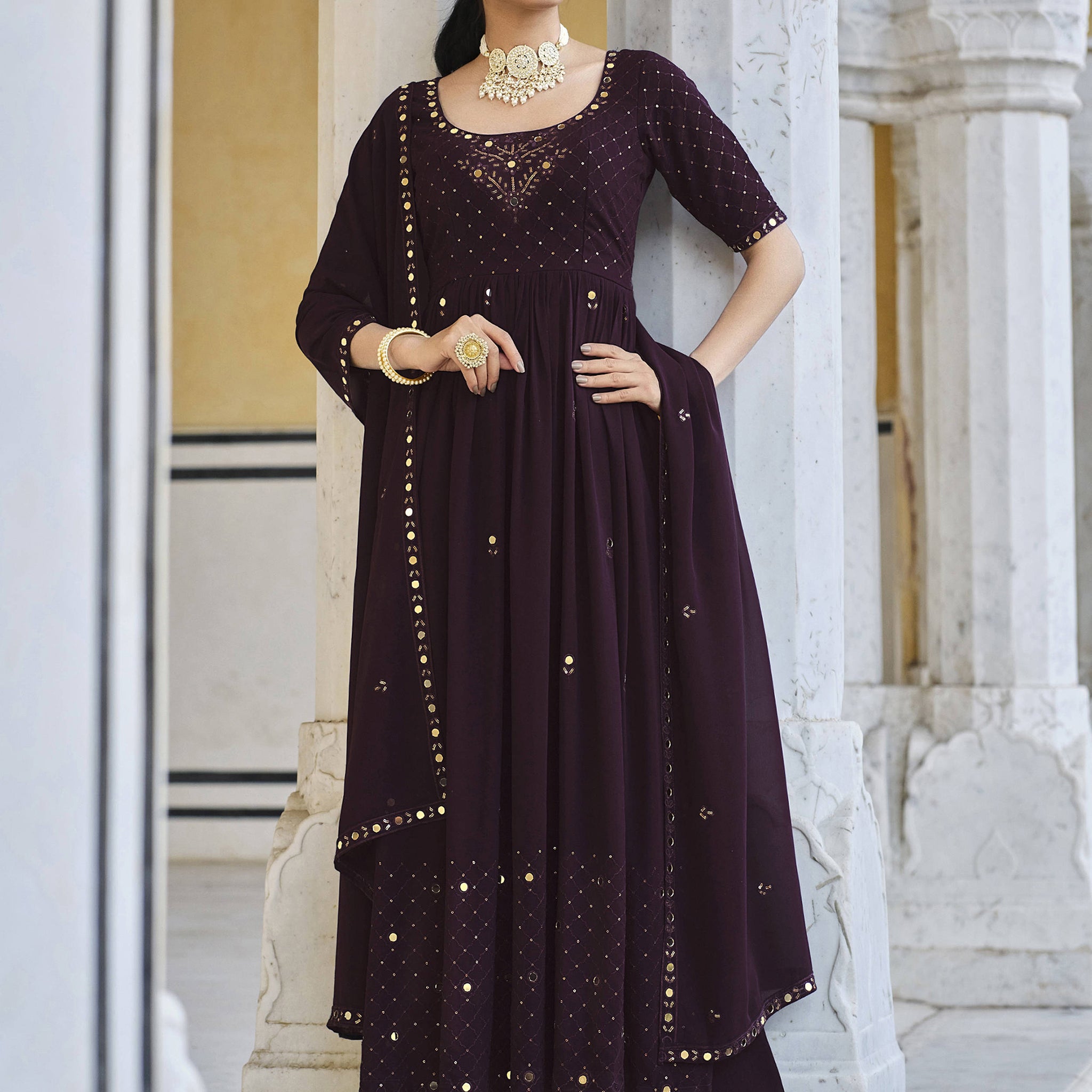 Wonderful Purple Sequins Embroidered Georgette Ready-To-wear Palazzo Suit