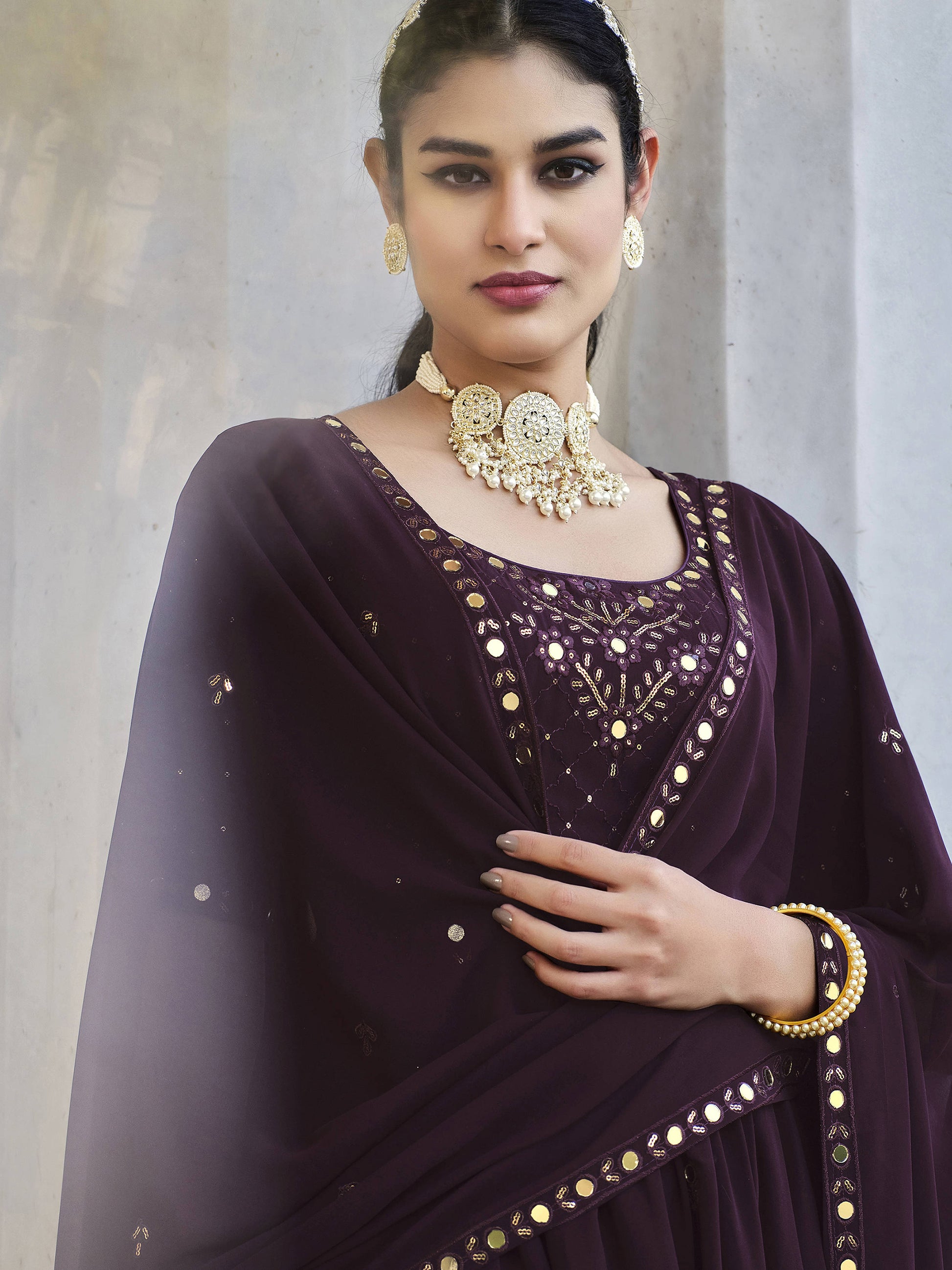 Wonderful Purple Sequins Embroidered Georgette Ready-To-wear Palazzo Suit