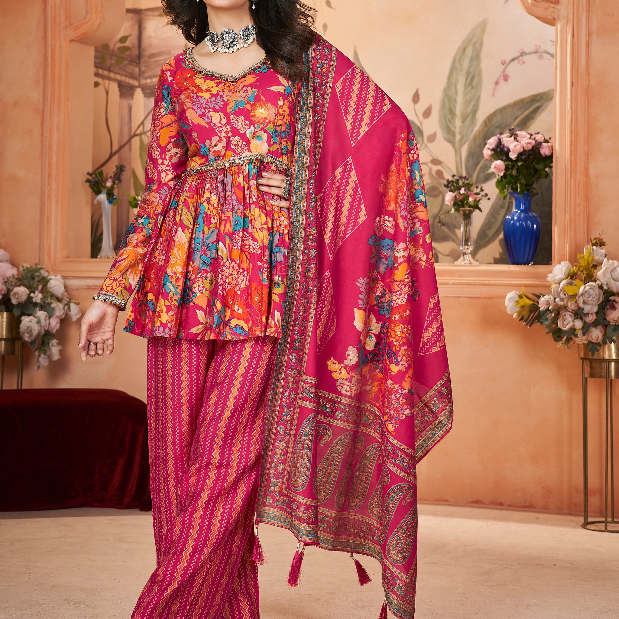 Captivating Pink Printed Silk Festival Wear Palazzo Suit With Dupatta