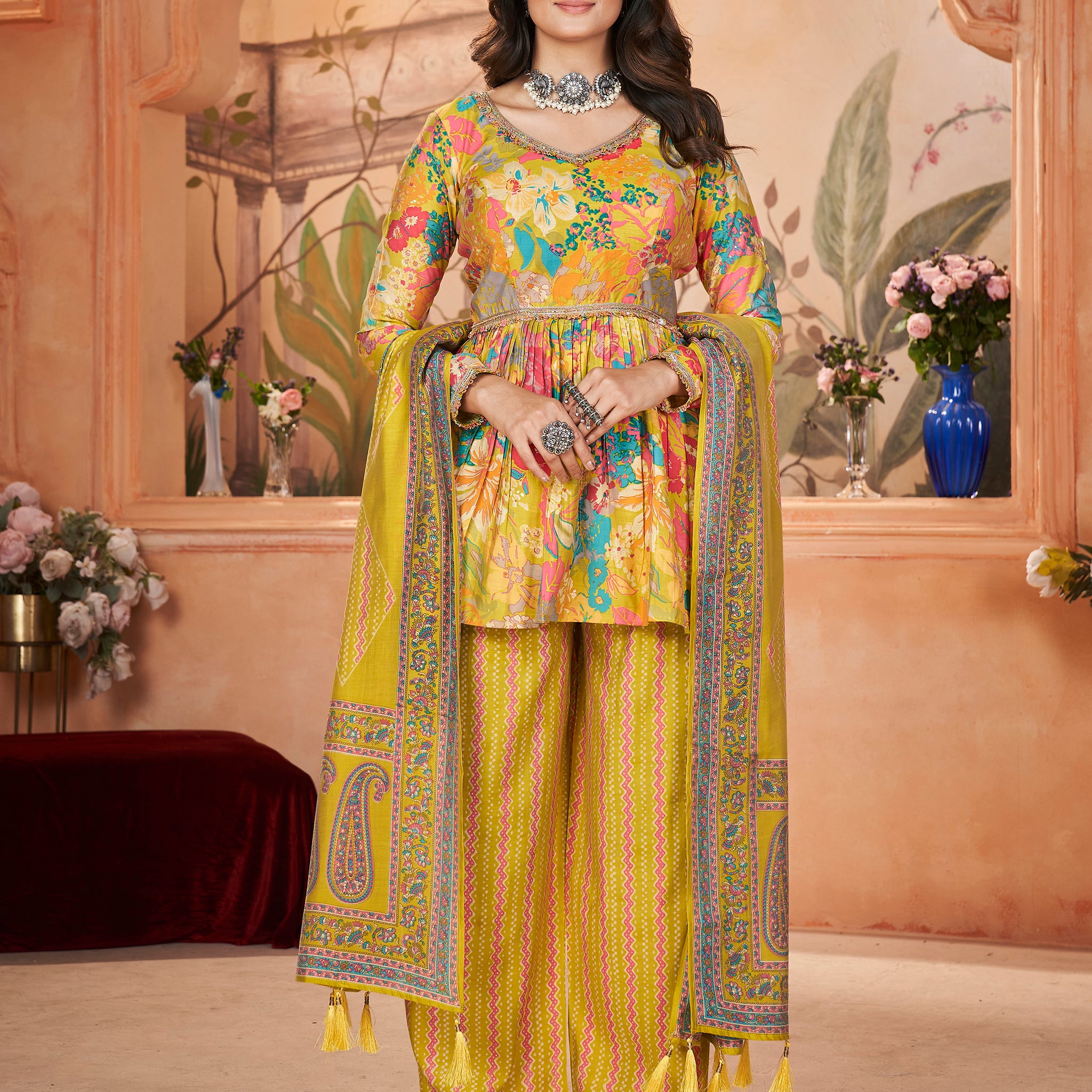 Tantalizing Yellow Printed Silk Traditional Palazzo Suit With Dupatta