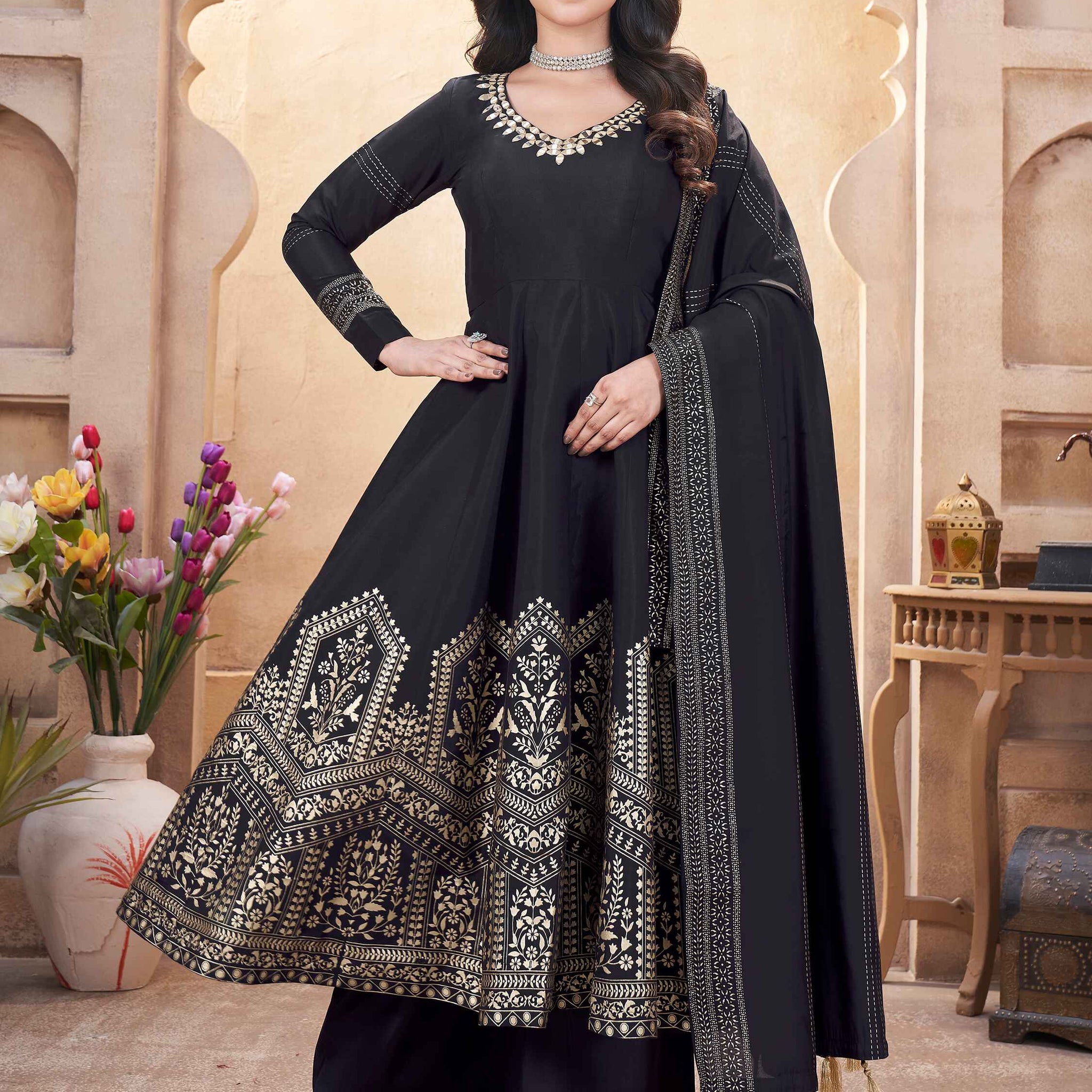 Attractive Black Foil Printed Silk Anarkali Suit Palazzo With Dupatta