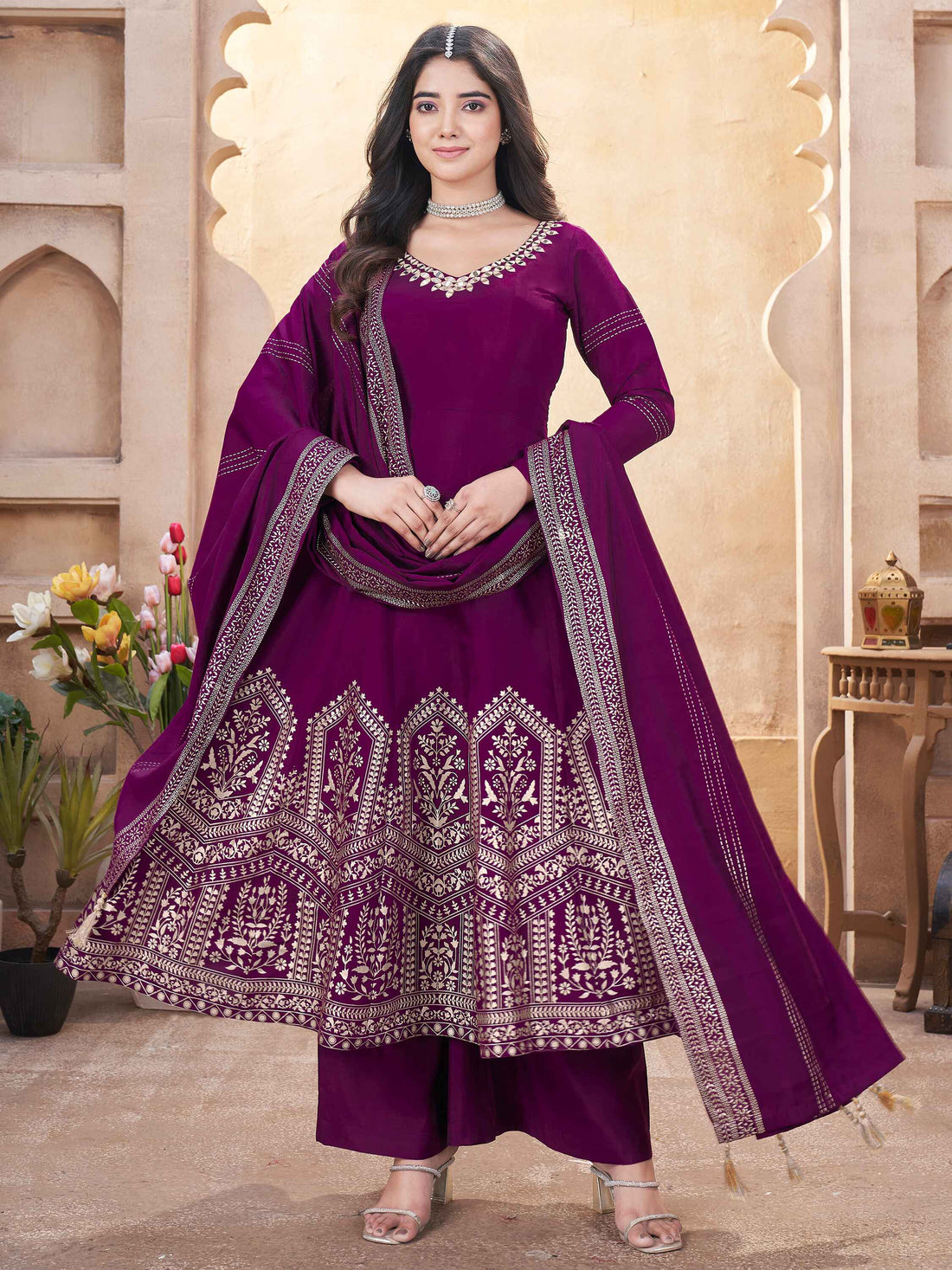 Marvelous Purple Foil Printed Silk Festival Wear Anarkali Suit Palazzo