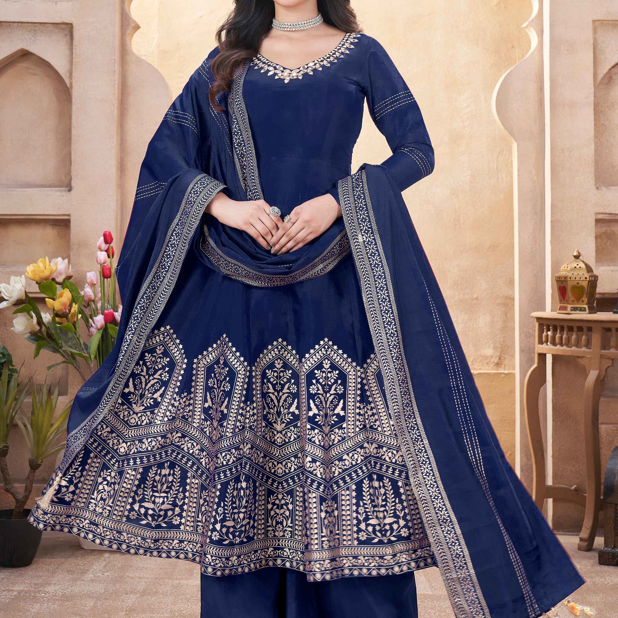 Beautiful Navy Blue Foil Printed Silk Function Wear Anarkali Suit Palazzo