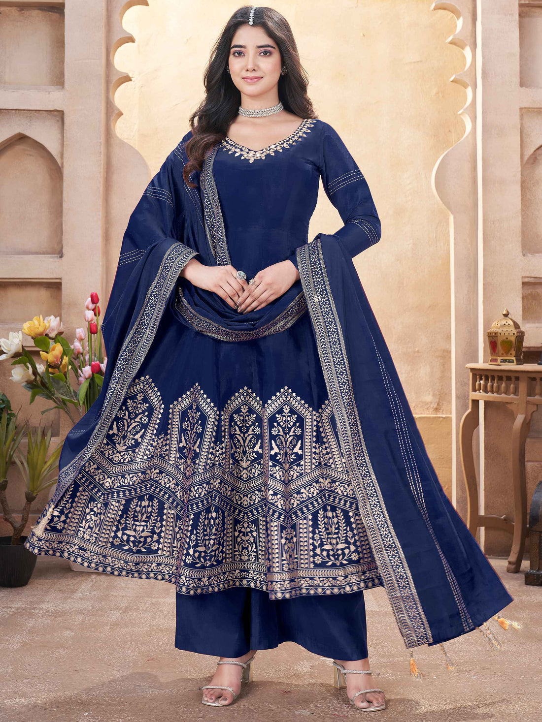 Beautiful Navy Blue Foil Printed Silk Function Wear Anarkali Suit Palazzo
