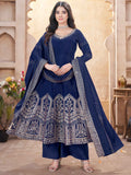 Beautiful Navy Blue Foil Printed Silk Function Wear Anarkali Suit Palazzo