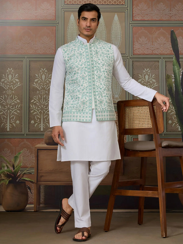 Fantastic White Embroidered Silk Festive Wear Men Kurta Set And Jacket