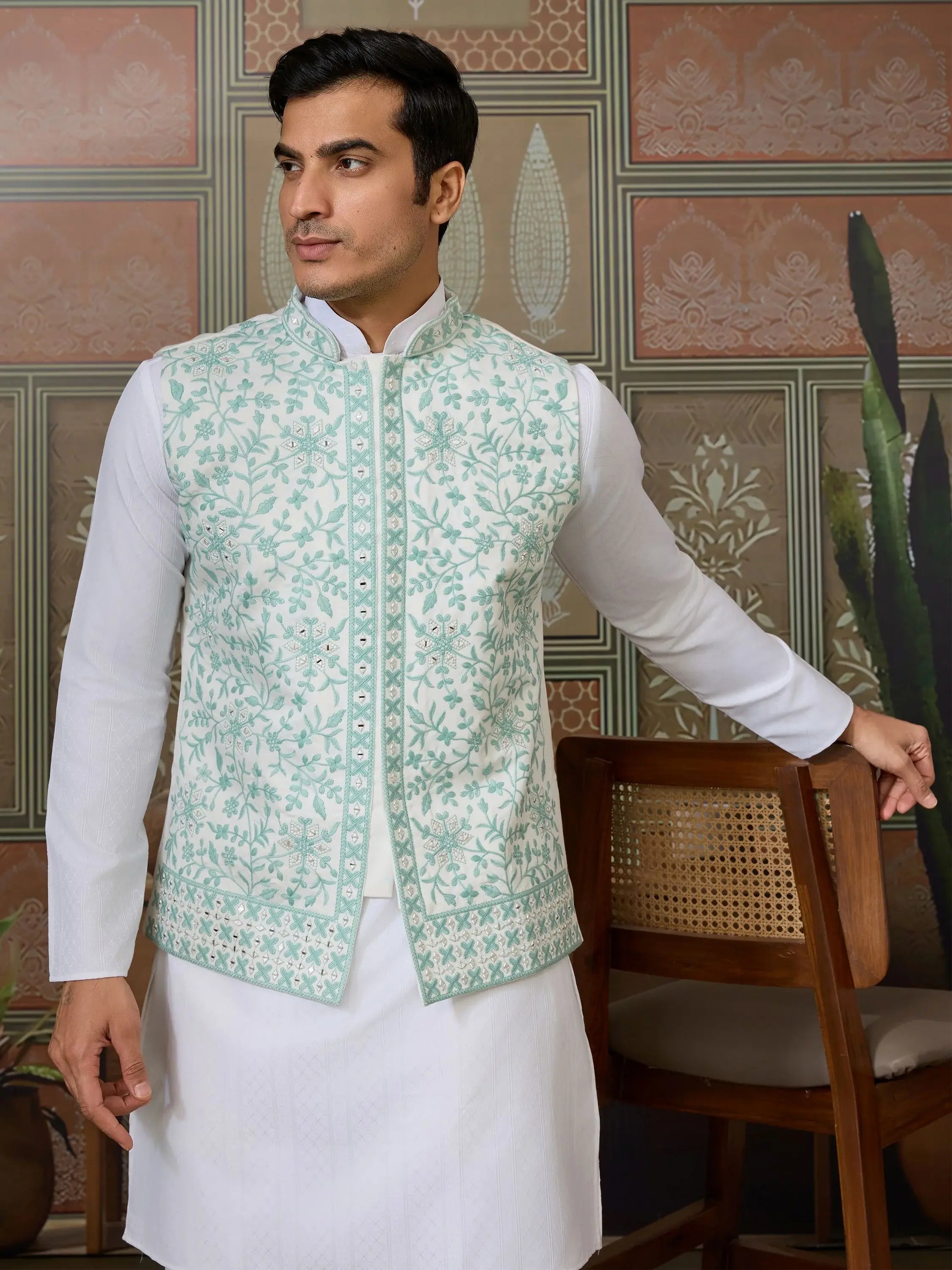 Fantastic White Embroidered Silk Festive Wear Men Kurta Set And Jacket