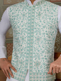 Fantastic White Embroidered Silk Festive Wear Men Kurta Set And Jacket