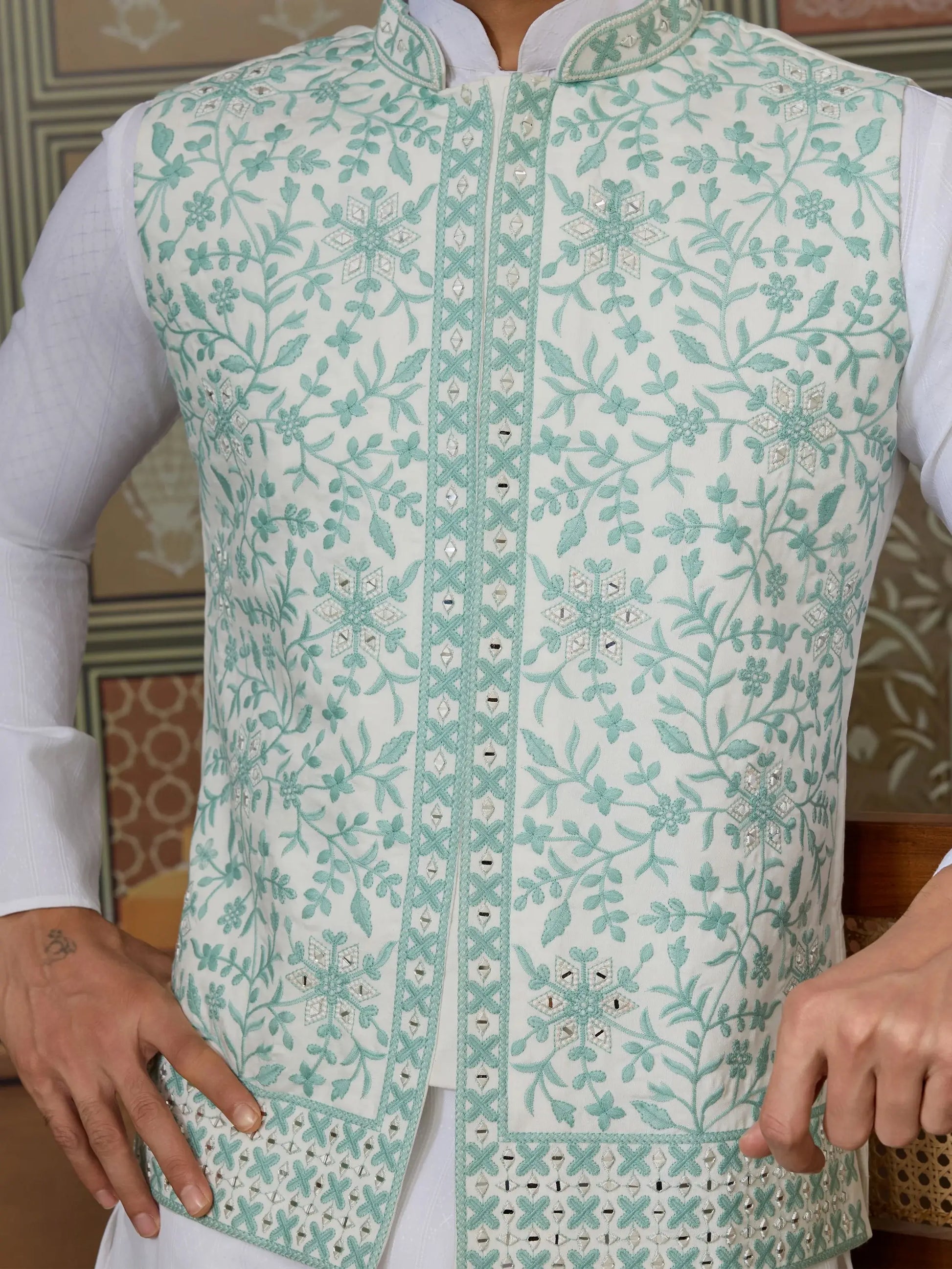 Fantastic White Embroidered Silk Festive Wear Men Kurta Set And Jacket