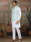 Fantastic White Embroidered Silk Festive Wear Men Kurta Set And Jacket
