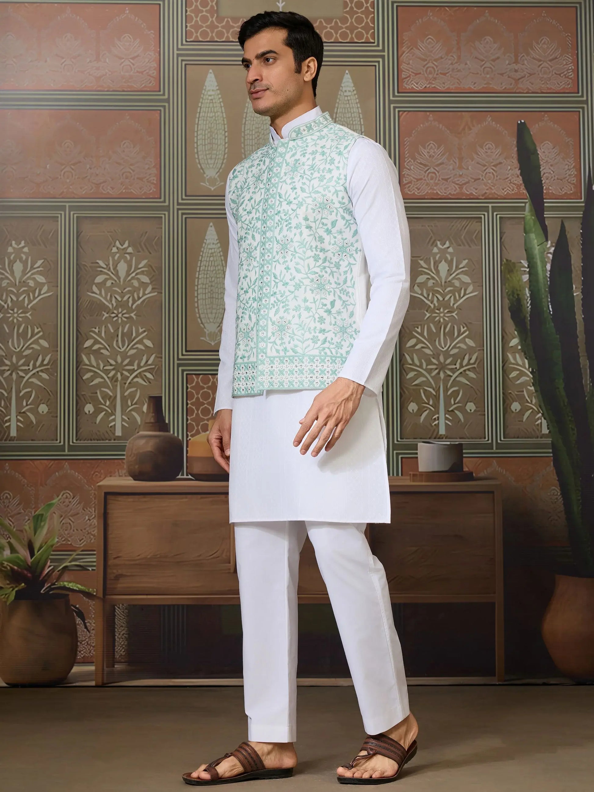 Fantastic White Embroidered Silk Festive Wear Men Kurta Set And Jacket
