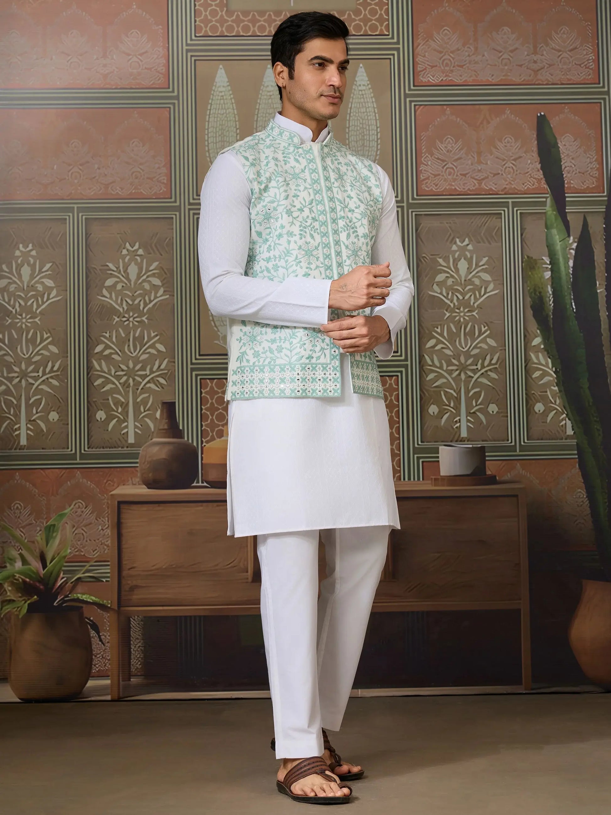 Fantastic White Embroidered Silk Festive Wear Men Kurta Set And Jacket