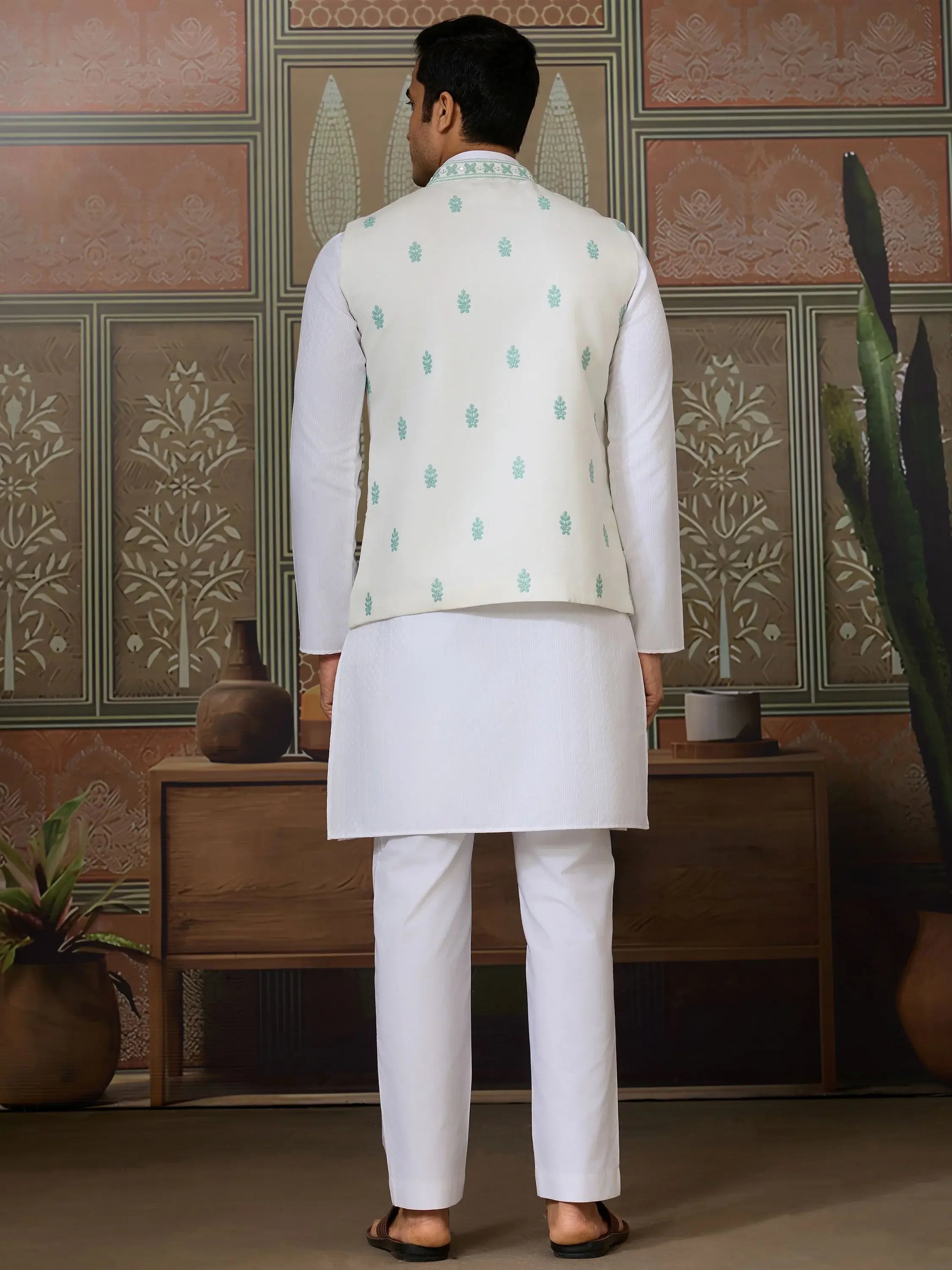 Fantastic White Embroidered Silk Festive Wear Men Kurta Set And Jacket
