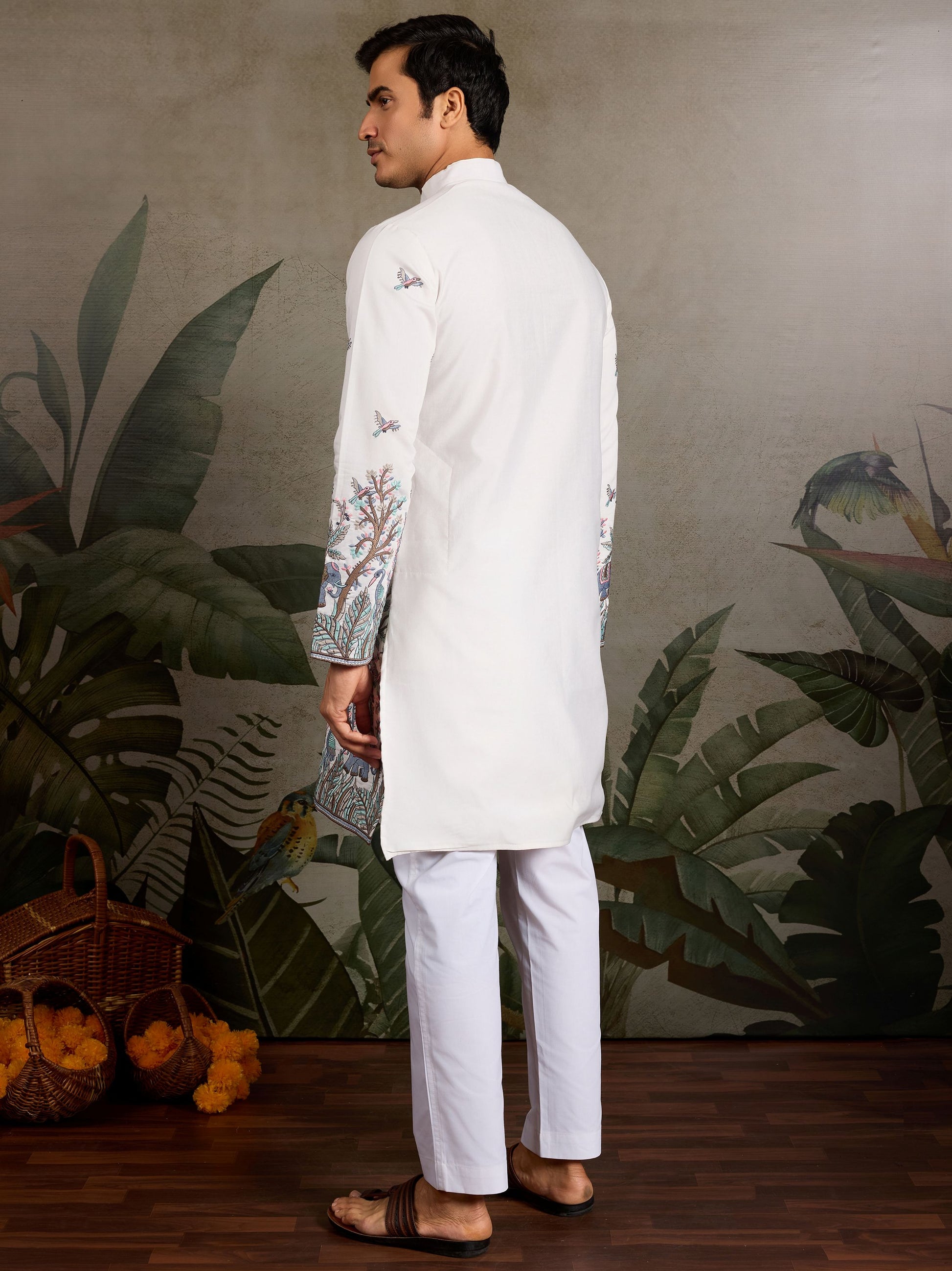 White Thread Embroidered Viscose Silk Function Wear Men Kurta