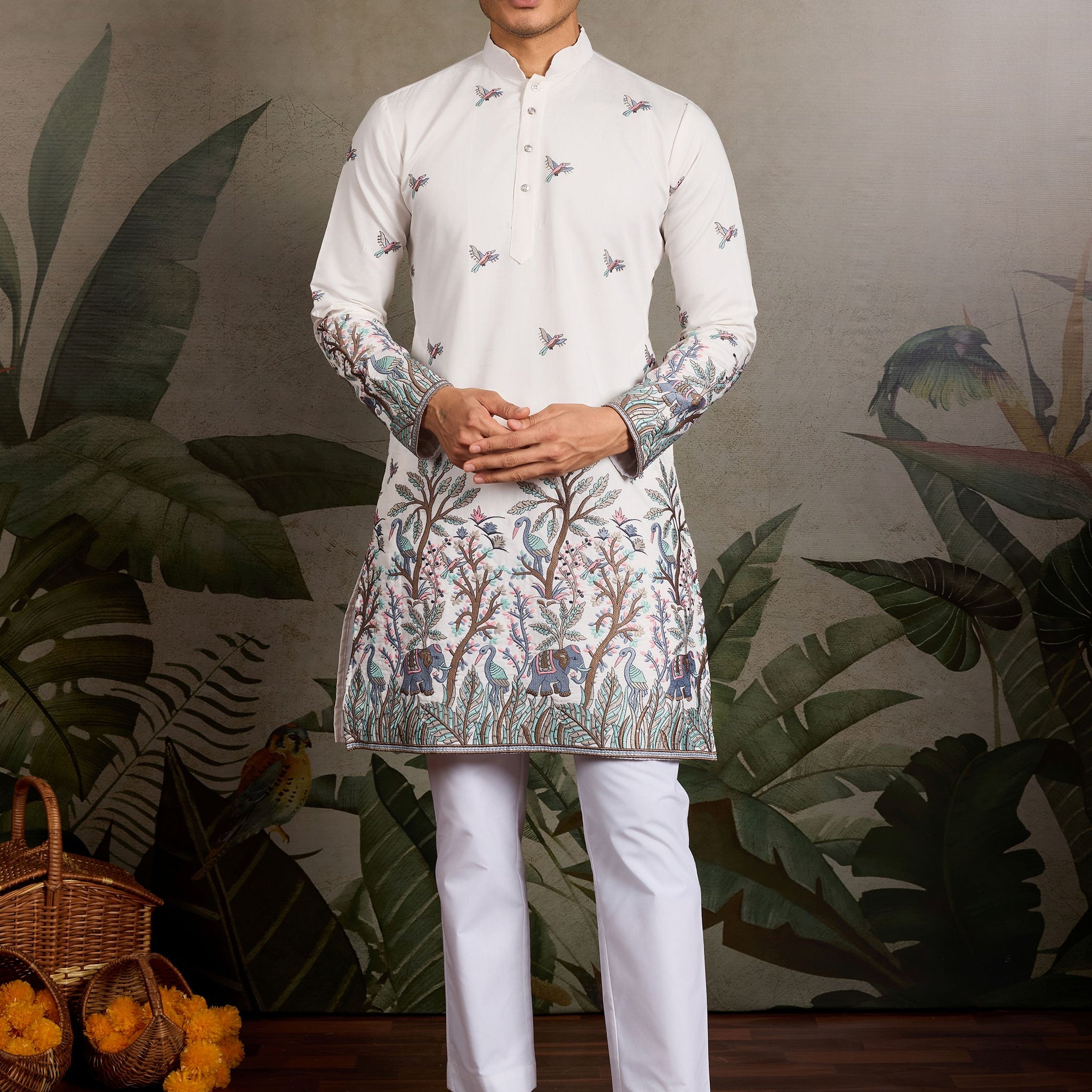 White Thread Embroidered Viscose Silk Function Wear Men Kurta