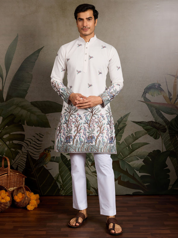 White Thread Embroidered Viscose Silk Function Wear Men Kurta