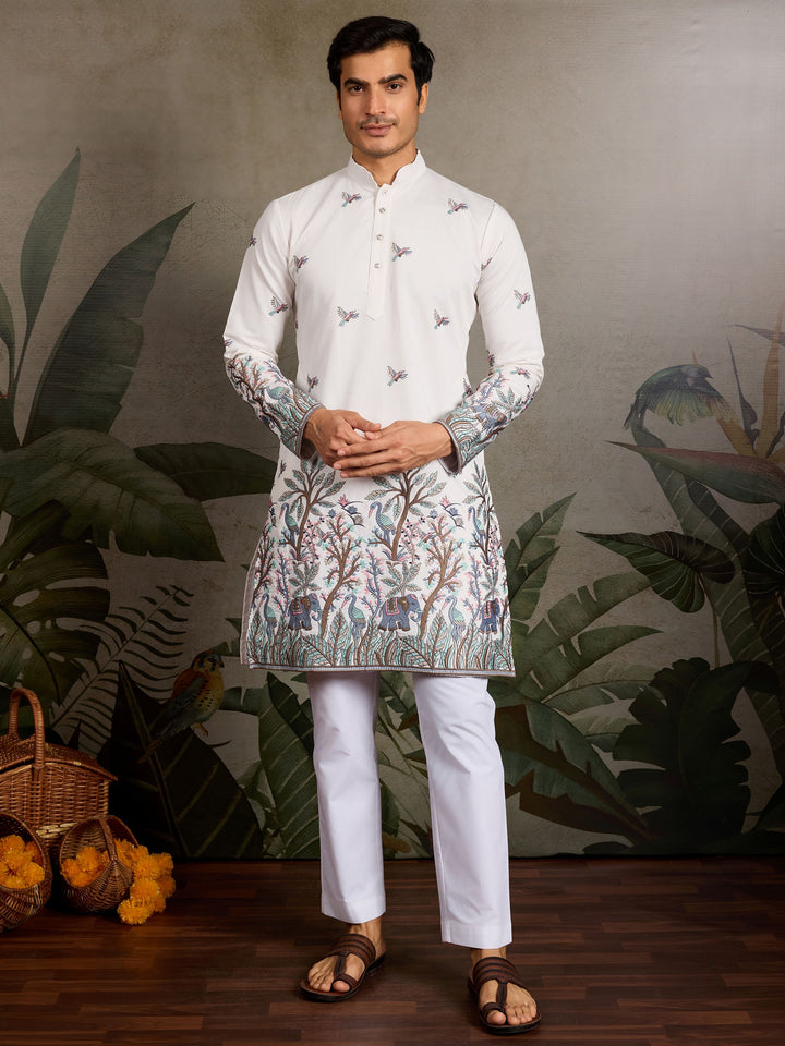 White Thread Embroidered Viscose Silk Function Wear Men Kurta