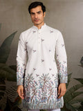 White Thread Embroidered Viscose Silk Function Wear Men Kurta