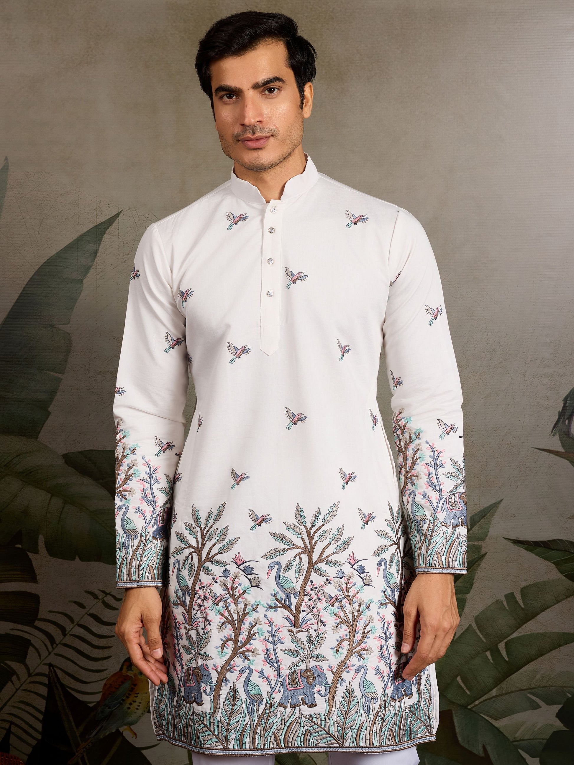 White Thread Embroidered Viscose Silk Function Wear Men Kurta