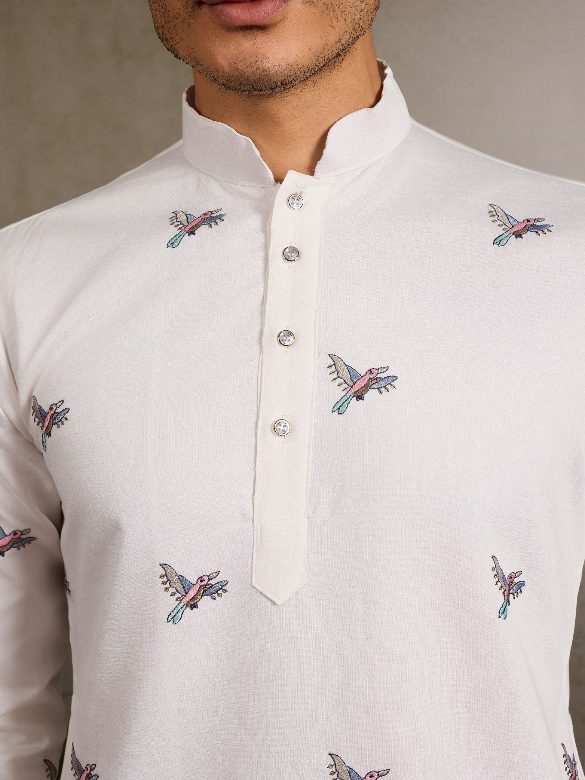 White Thread Embroidered Viscose Silk Function Wear Men Kurta