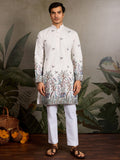 White Thread Embroidered Viscose Silk Function Wear Men Kurta