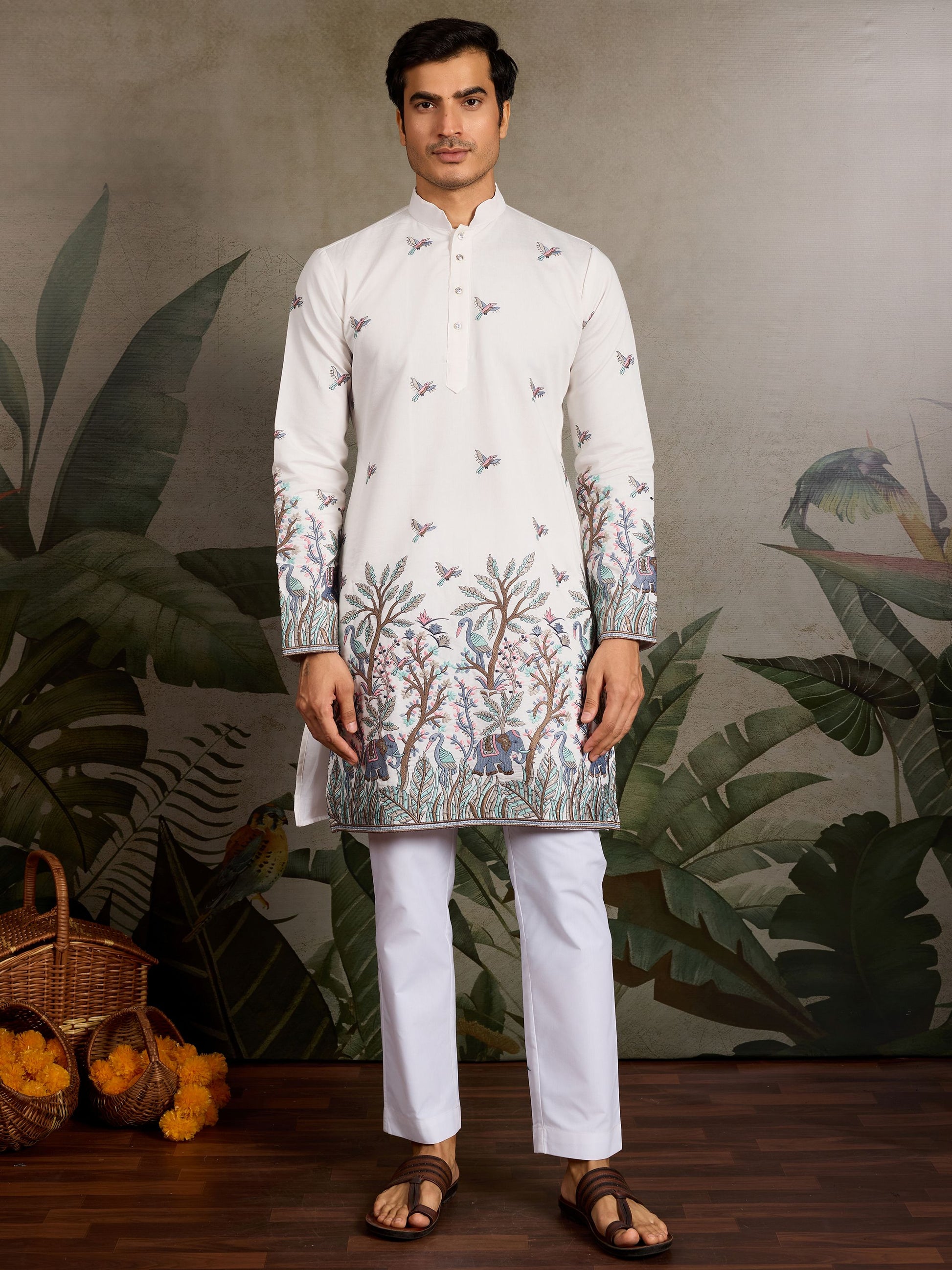 White Thread Embroidered Viscose Silk Function Wear Men Kurta