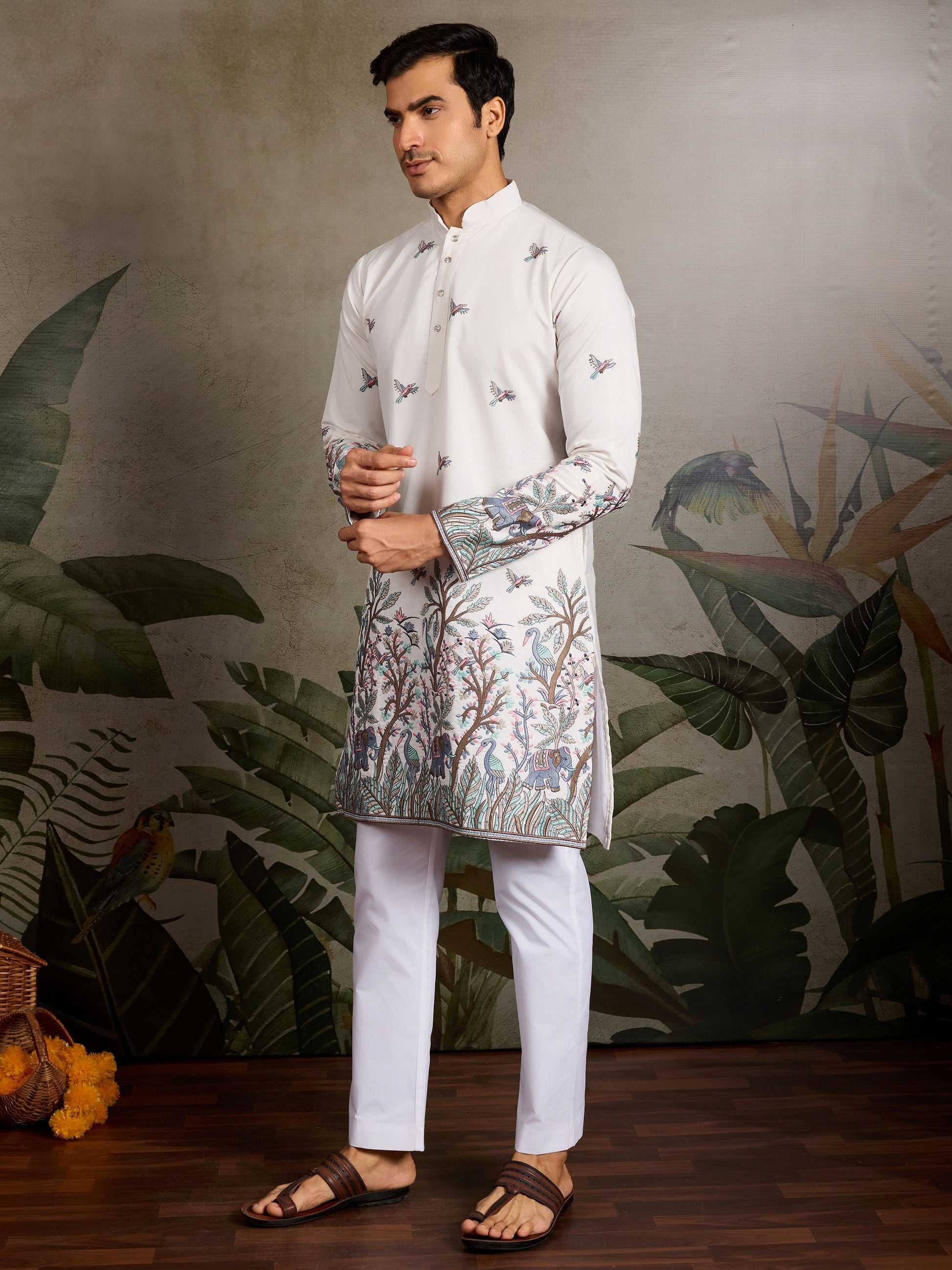 White Thread Embroidered Viscose Silk Function Wear Men Kurta