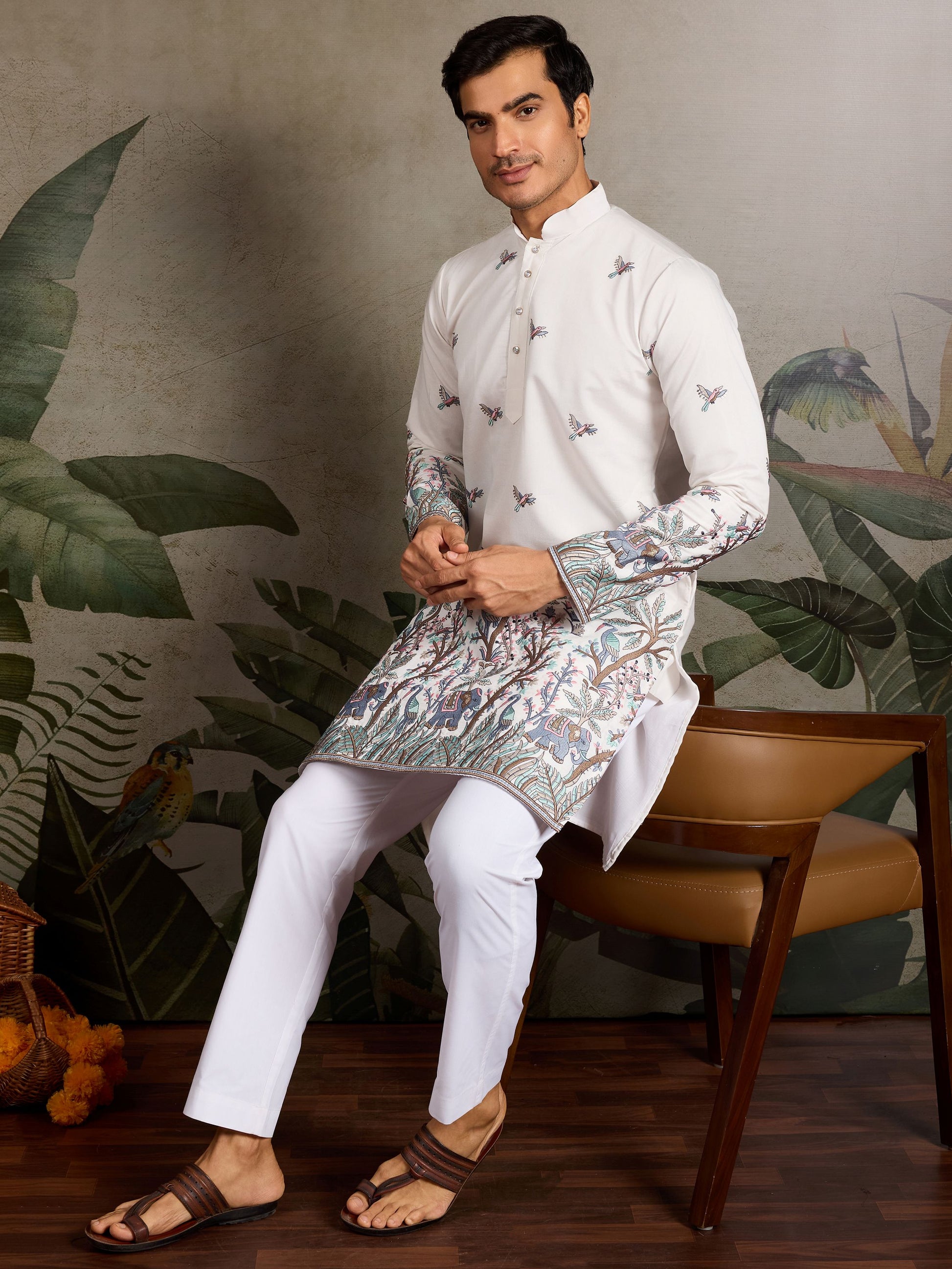 White Thread Embroidered Viscose Silk Function Wear Men Kurta
