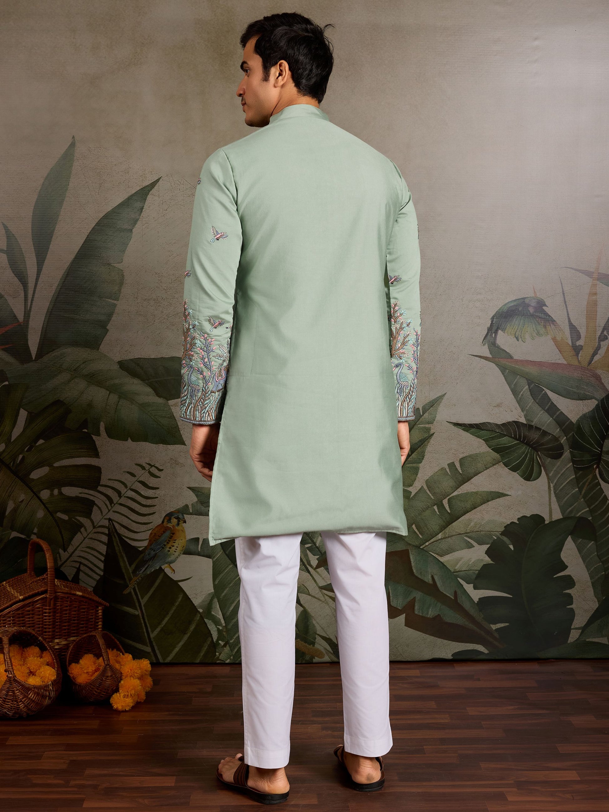 Astonishing Pista Green Embroidered Viscose Silk Wedding Wear Men Kurta