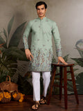 Astonishing Pista Green Embroidered Viscose Silk Wedding Wear Men Kurta