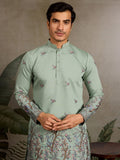 Astonishing Pista Green Embroidered Viscose Silk Wedding Wear Men Kurta