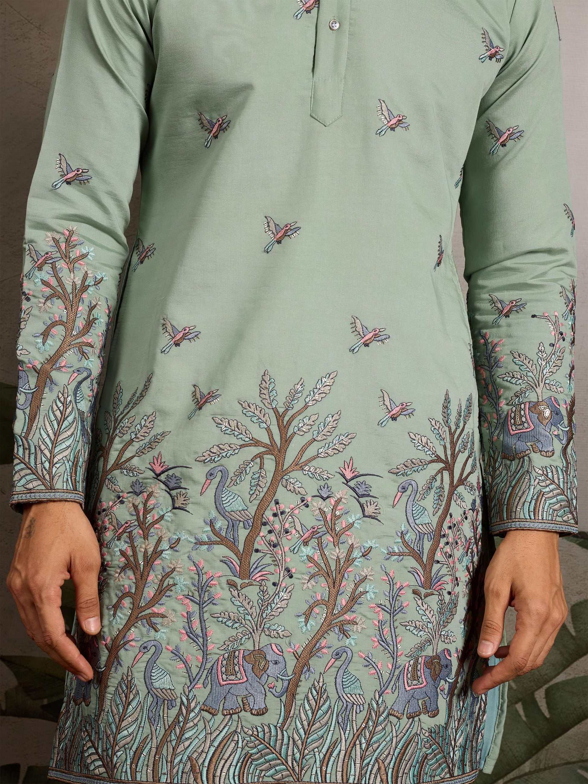 Astonishing Pista Green Embroidered Viscose Silk Wedding Wear Men Kurta