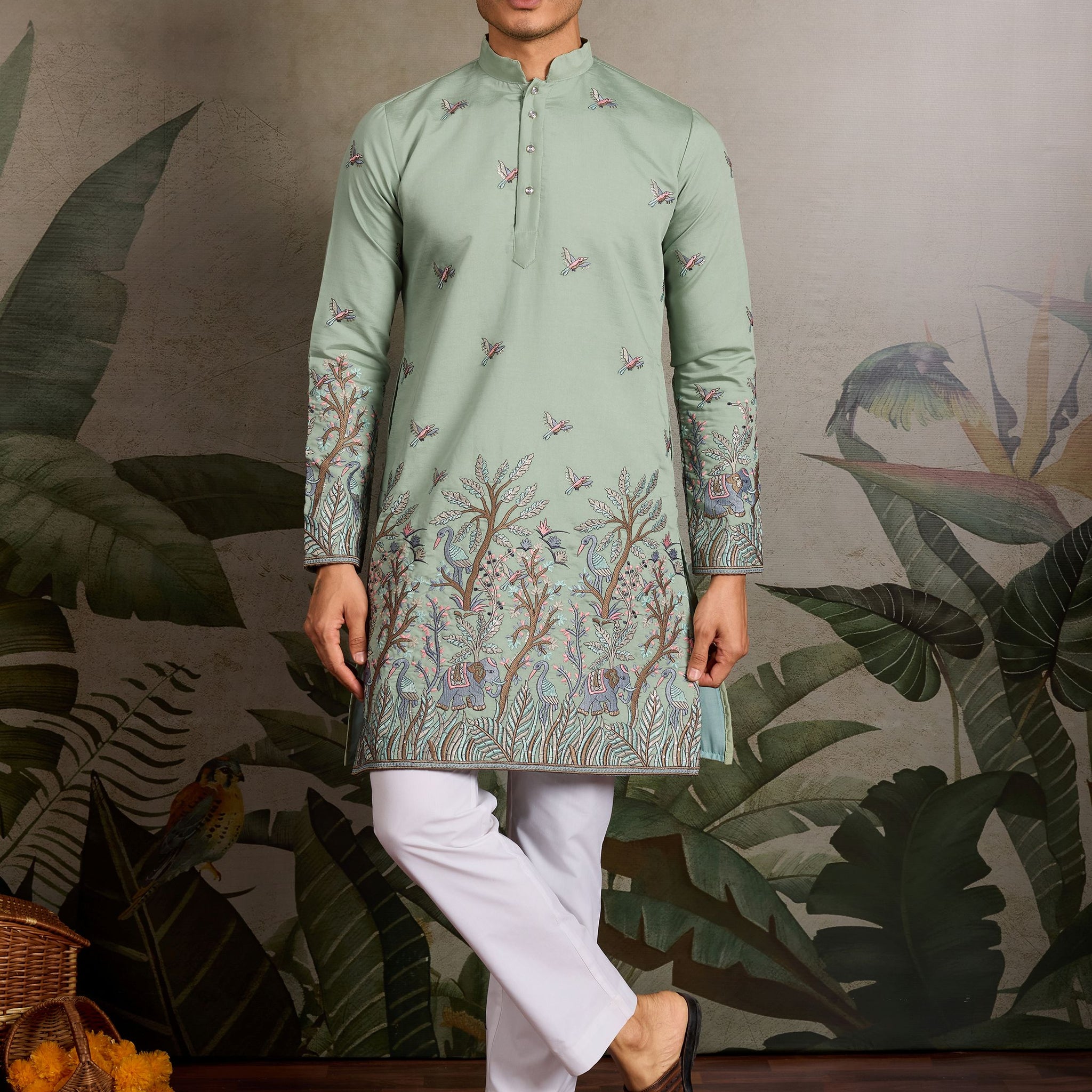 Astonishing Pista Green Embroidered Viscose Silk Wedding Wear Men Kurta