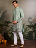 Astonishing Pista Green Embroidered Viscose Silk Wedding Wear Men Kurta