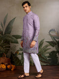Elegant Lavender Thread Work Viscose Silk Festive Wear Men Kurta