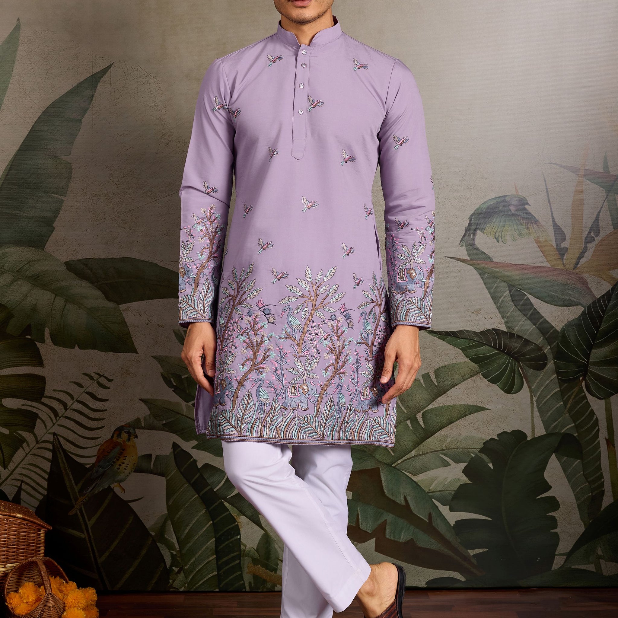 Elegant Lavender Thread Work Viscose Silk Festive Wear Men Kurta