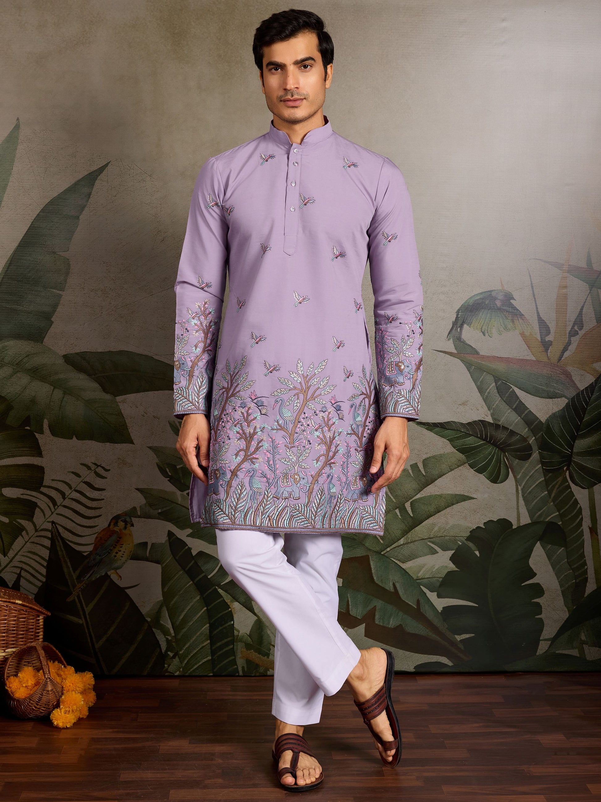 Elegant Lavender Thread Work Viscose Silk Festive Wear Men Kurta